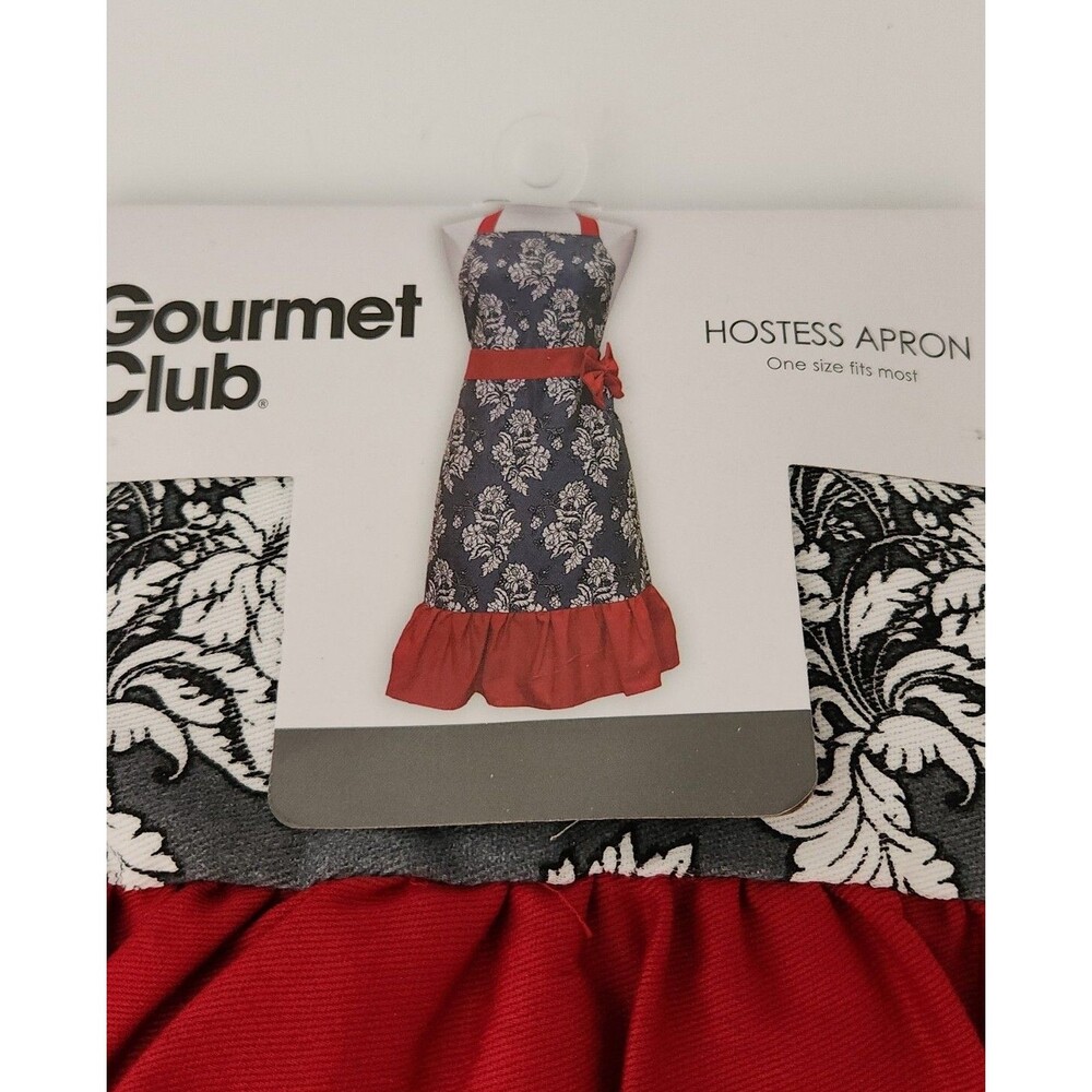 New GOURMET CLUB Hostess Apron  100% Cotton black with red Daisy floral one size